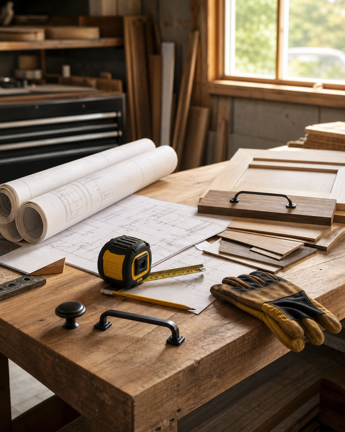 Contractor workbench with plans, material samples, gloves, and measuring tools