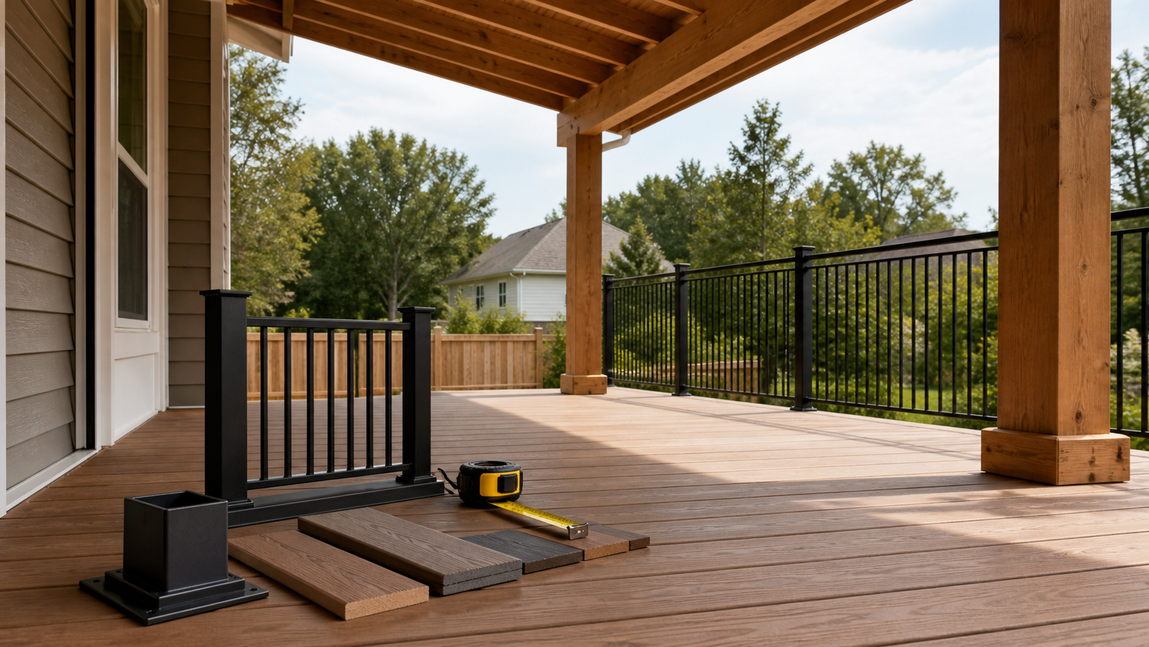 Covered deck material samples and tape measure on deck boards