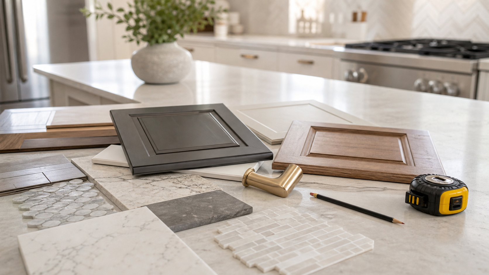 Kitchen cabinet, tile, countertop, and hardware samples on a countertop
