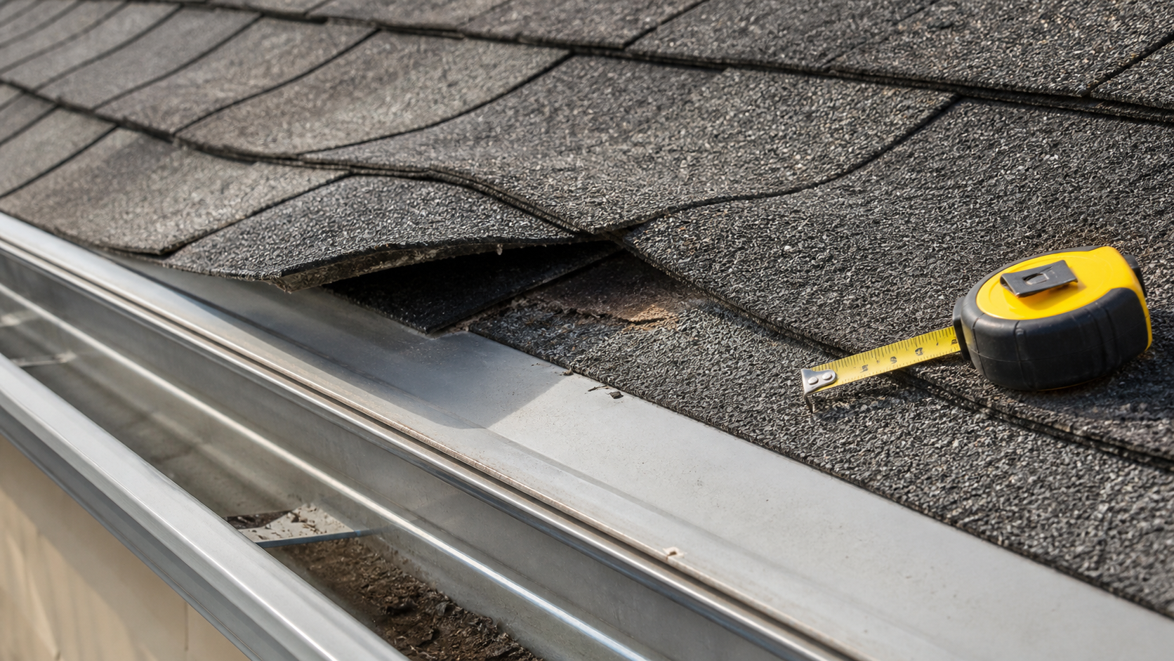 Close detail of asphalt roof shingles, gutter edge, and tape measure